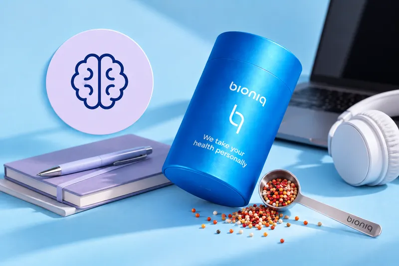Dóza Bioniq s odmerkou granúl, zápisník, notebook a slúchadlá